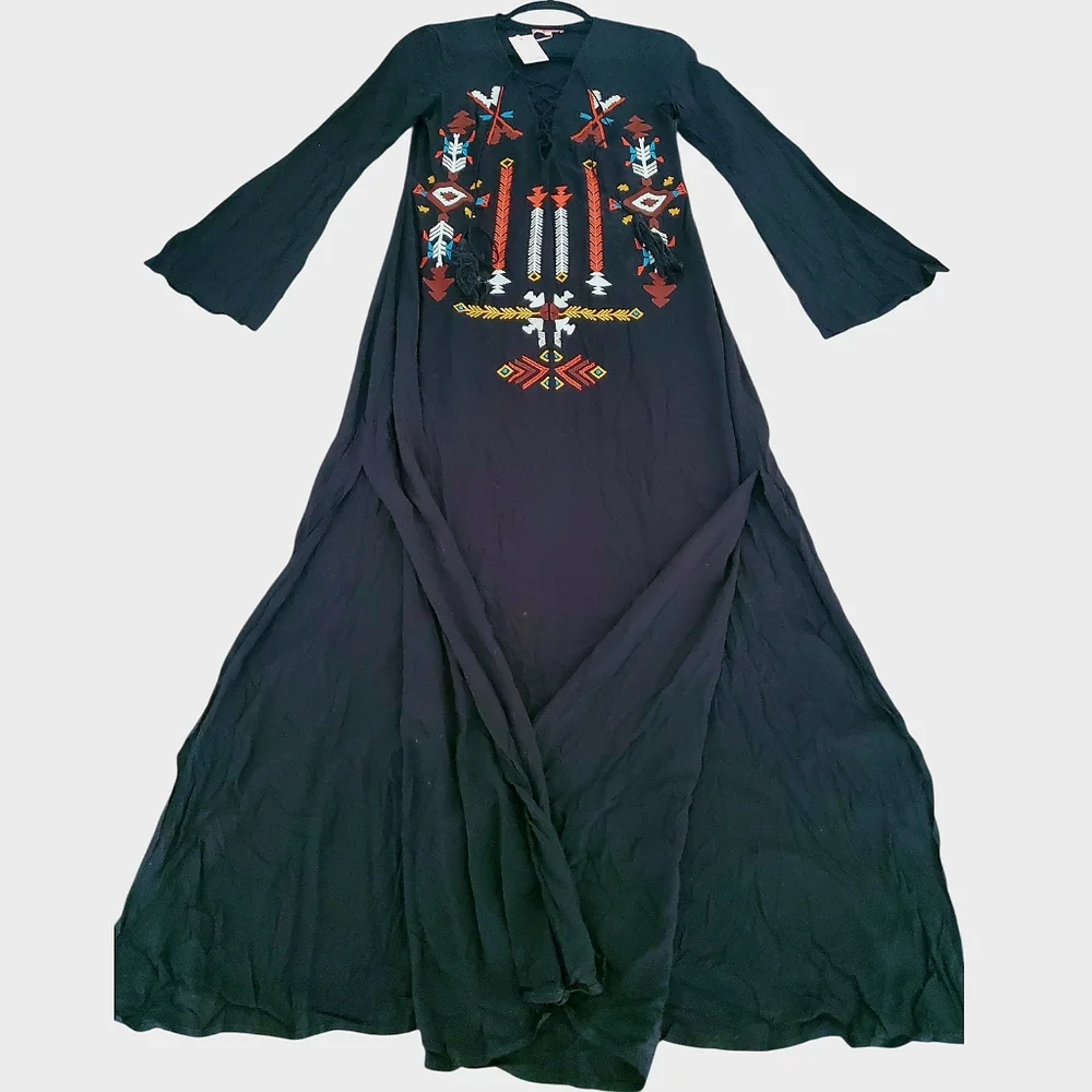 Embroidered Black Maxi Dress w/ Side Slits Size S Native American Boho Nasty Gal - Picture 5 of 12